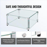 Gas Fire Pit Wind Guard for Square Fire Table, 19 x 19 x 7.5 inch Clear Tempered Wind Guard for Firepits, 0.31 inch Thick Square Glass Shield, Glass Panel with Hard Corner Bracket & Feet